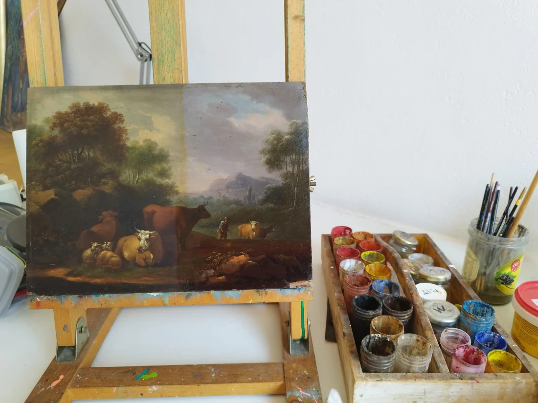 État général d’un tableau ancien avant restauration, vernis terni et accidents visibles.