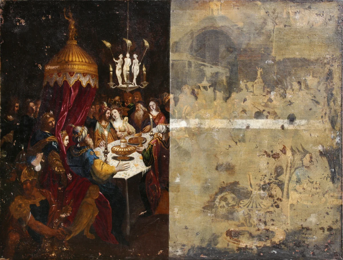 Tableau de grand banquet pendant le nettoyage, comparaison nette entre zone traitée et non traitée.