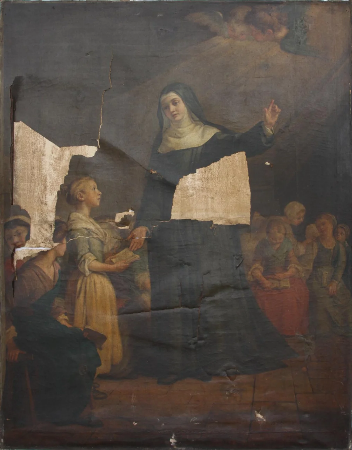 Grande scène religieuse à Cannes avant restauration, avec de nombreuses lacunes et un vernis encrassé.