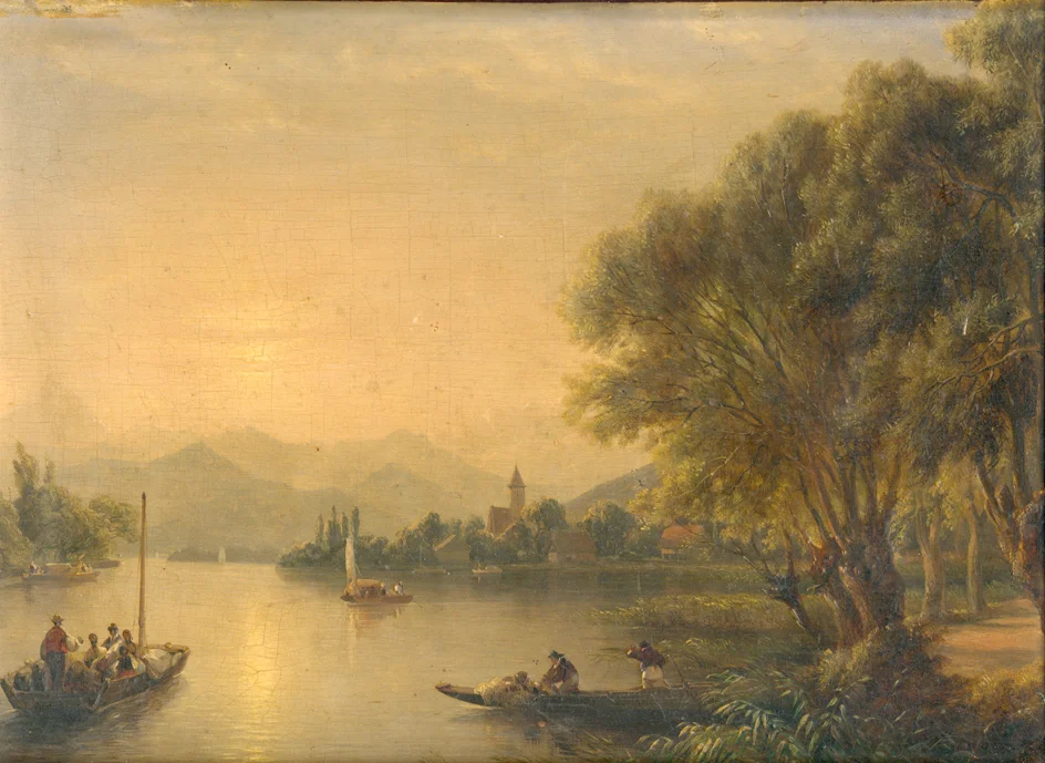 Paysage de lac avant intervention, recouvert d’un vernis très jauni.