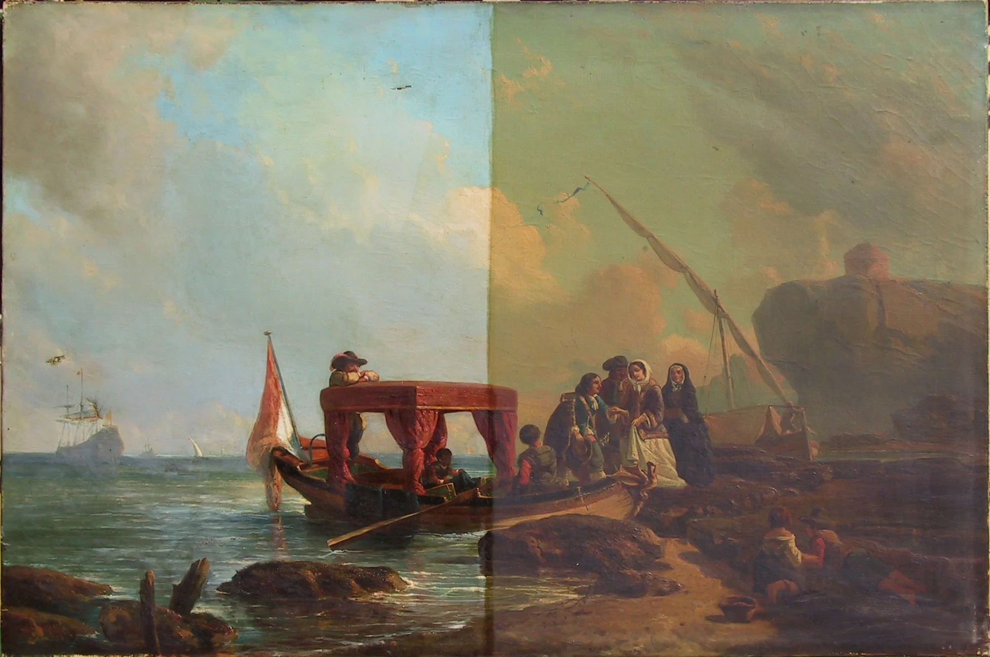 Scène portuaire pendant l’allègement du vernis, moitié plus claire.