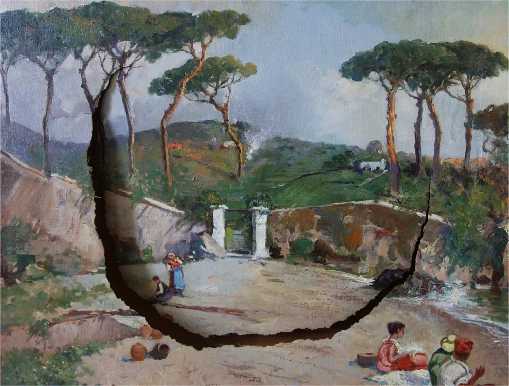 Restauration d’une déchirure sur une toile de grand format à Cannes.