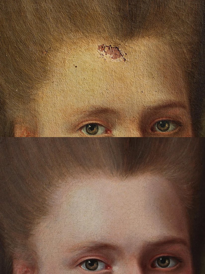 Avant et après restauration d’un portrait ancien, vernis jauni allégé et couleurs restituées.