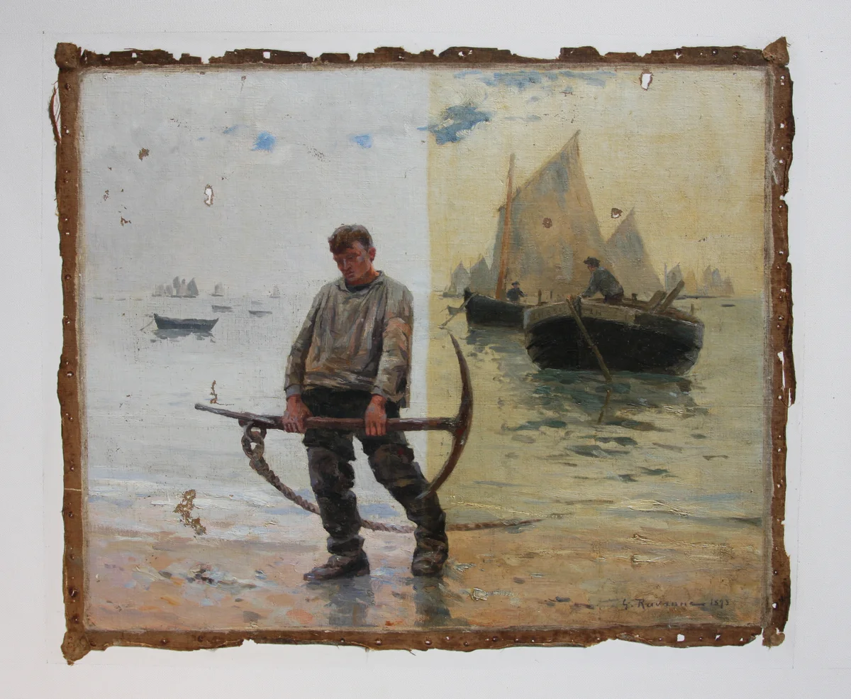 Scène de pêche, moitié du tableau encore encrassée, moitié nettoyée.